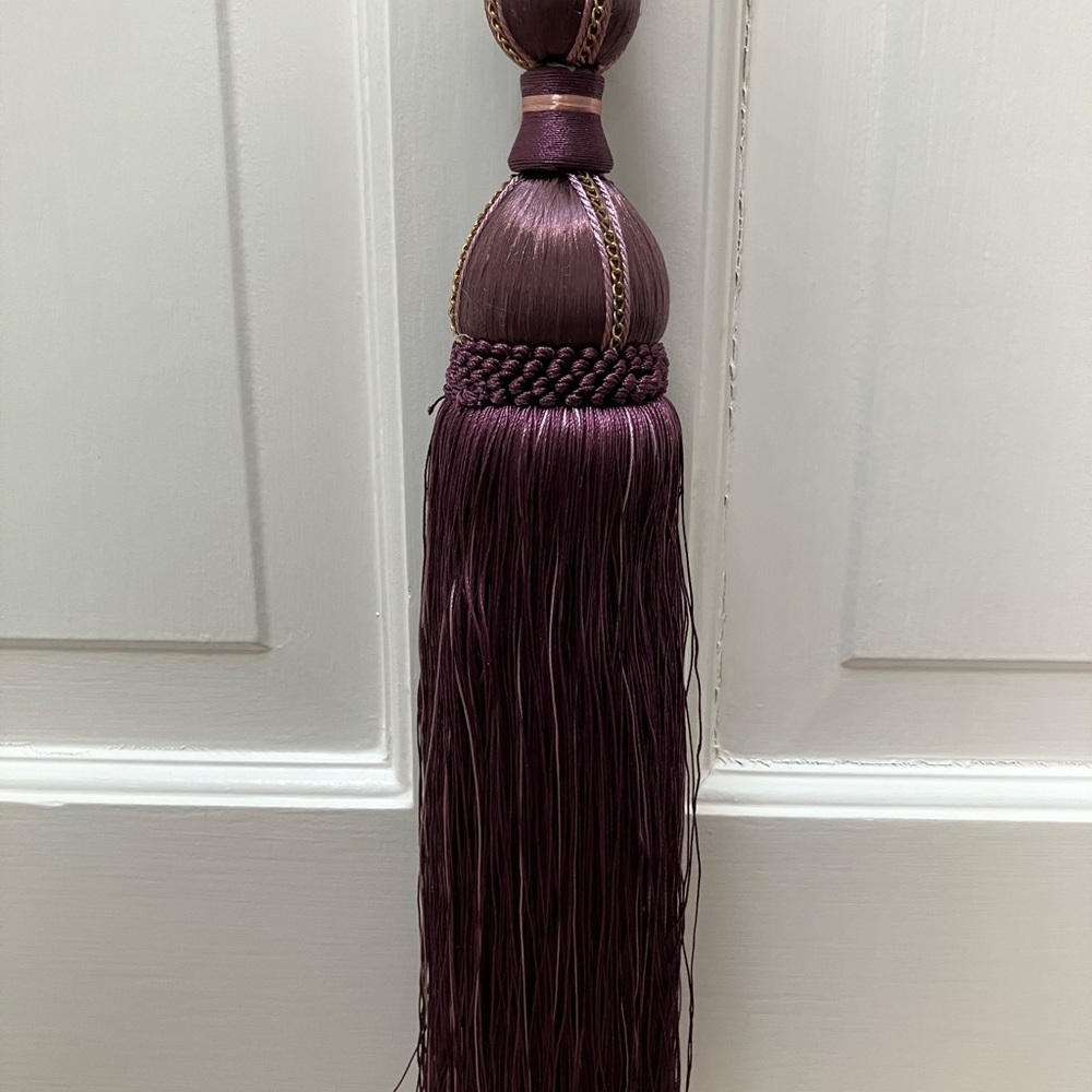 Pair of fringe curtain tie-backs. Silk. Plum color.  NEVER USED.